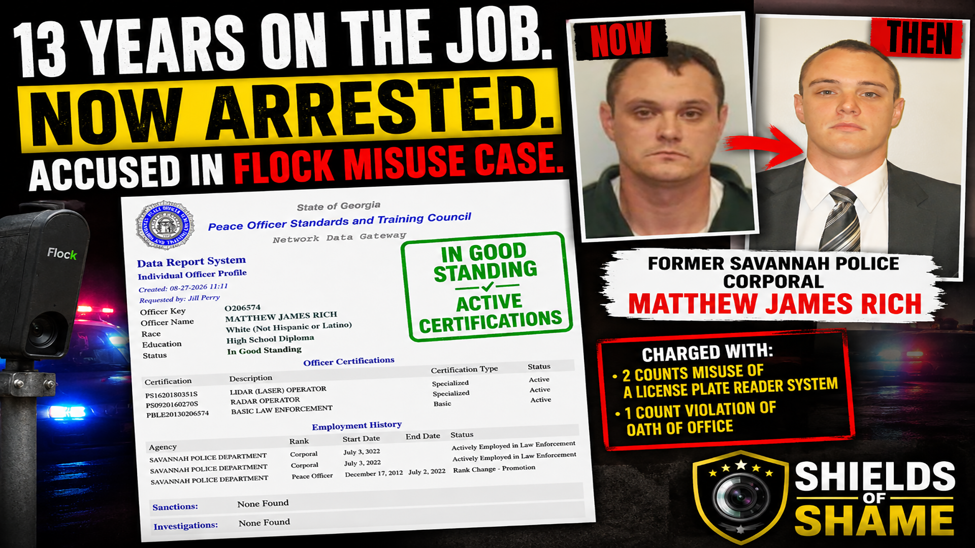 Matthew James Rich — Savannah Flock Misuse Arrest, POST Records and Termination Appeal